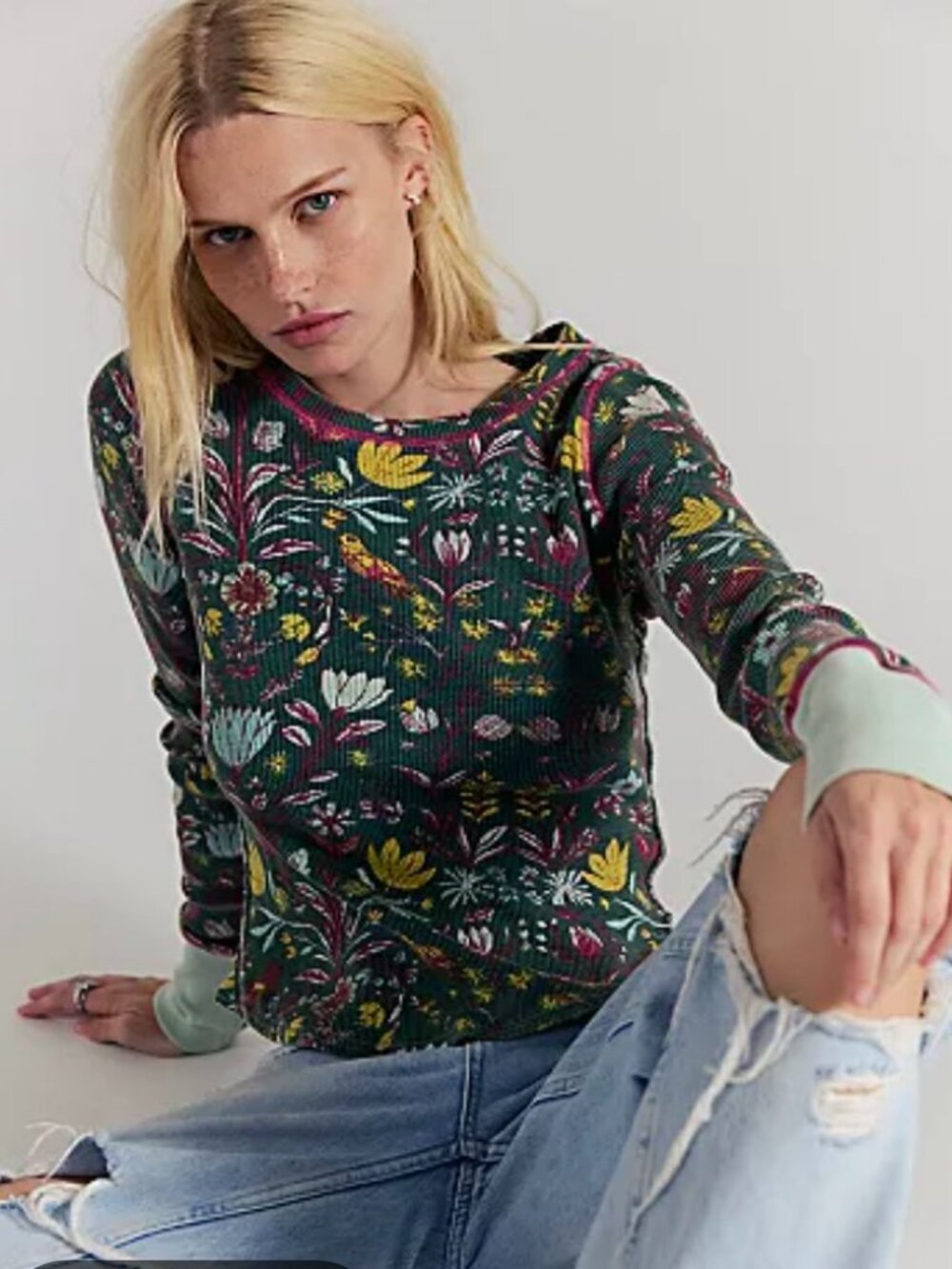 Free People We The Free Toileidays Thermal Top Forest Combo Green Floral S
